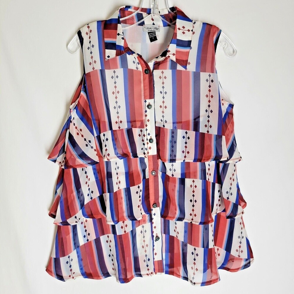 NWT Tasha Polizzi Womens Sleeveless Blouse Tiered Button Front Sheer Lined Small